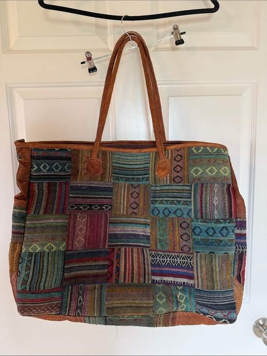 Vintage Addiction Handbags - Patchwork Multicolor Woven Tote with Brown Leather Trim